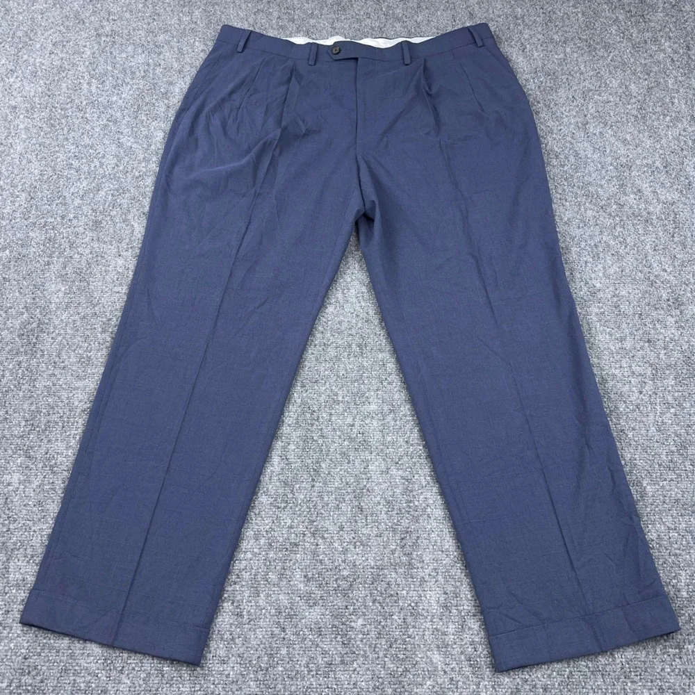 Ralph Lauren Dress Pants Mens 40x30 Blue Windowpane Plaid Pleated Cuffed Stretch